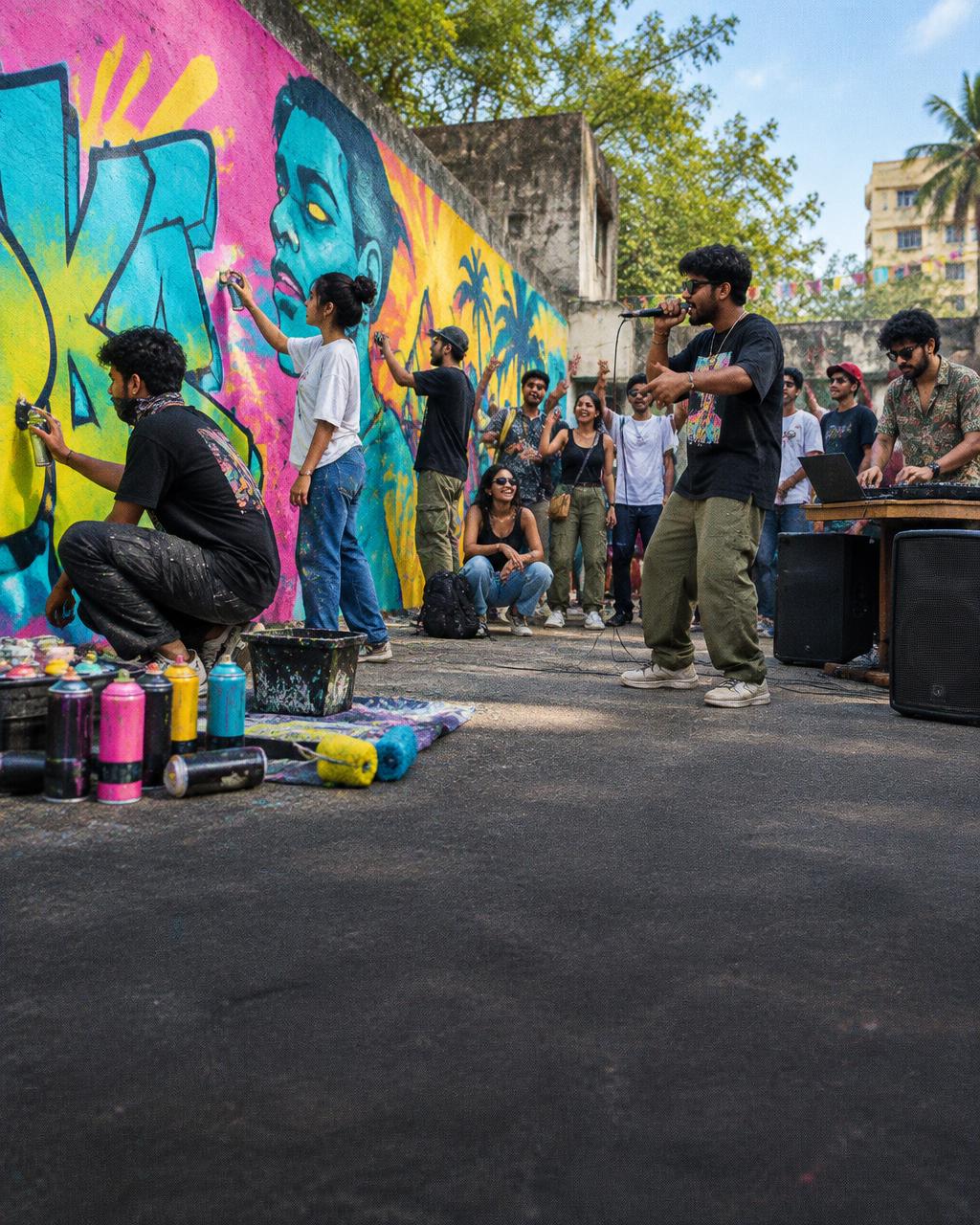 Concept artwork of a graffiti painting session with a rapper, musicians and a creative crowd